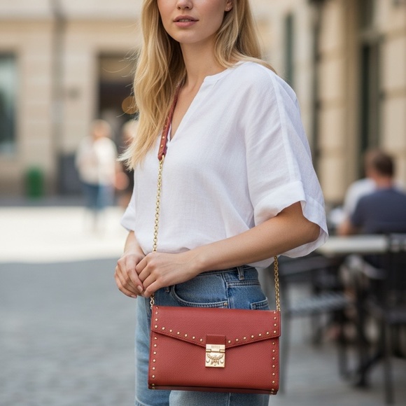 MCM Brick Red Crossbody Bag with Gold Chain